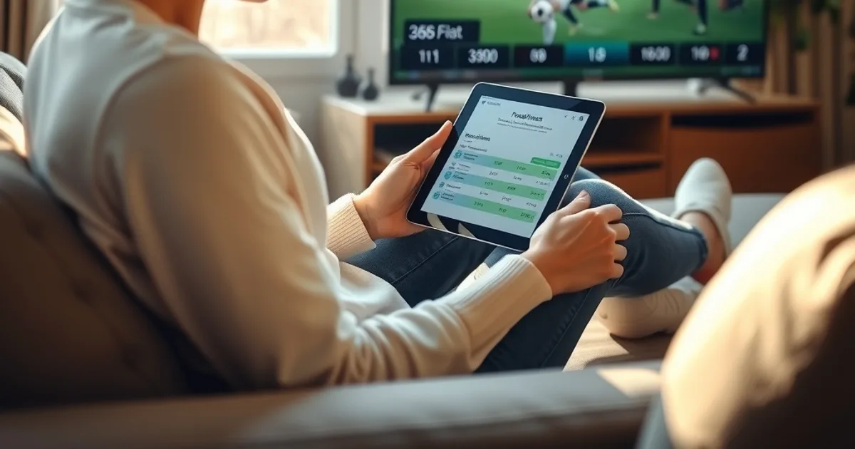Une femme compare des formules d'abonnement sur une tablette dans un salon lumineux, un match de football affiché sur la télévision en arrière-plan