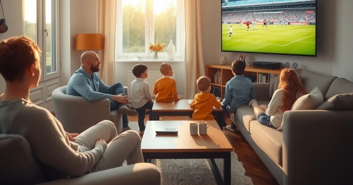 Famille regardant un match de football en direct dans un salon lumineux, ambiance chaleureuse de fin d'après-midi