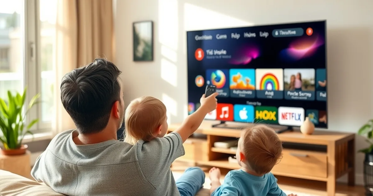 Un parent et un enfant assis sur un canapé, télécommande en main, devant une télévision affichant un guide de chaînes adapté aux enfants dans un salon lumineux