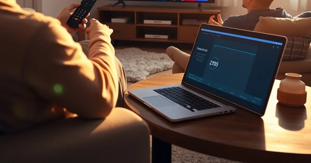 Une personne assise dans un salon lumineux règle les paramètres de streaming avec la télécommande, télévision affichant un écran de chargement en arrière-plan.