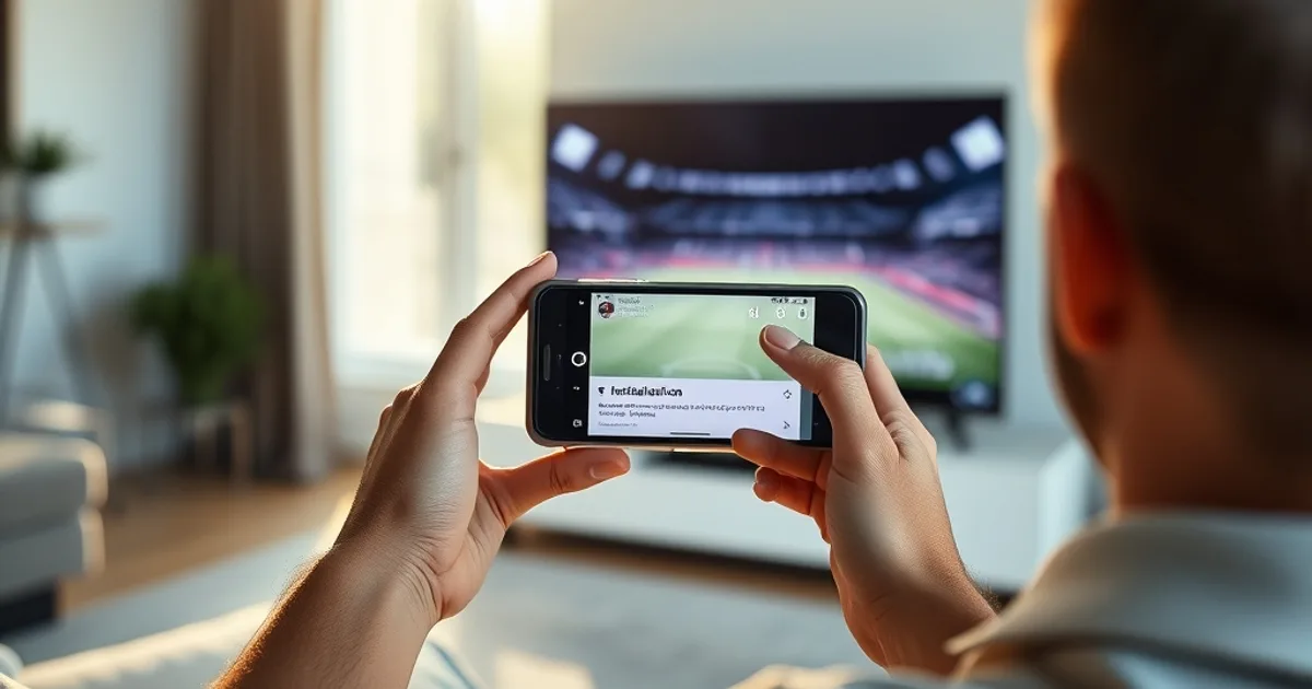 Une personne installe une application sur son smartphone Android dans un salon lumineux, avec la télévision allumée en arrière-plan