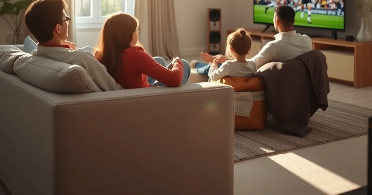 Famille regardant un match de Ligue 1 en 4K dans un salon lumineux et moderne