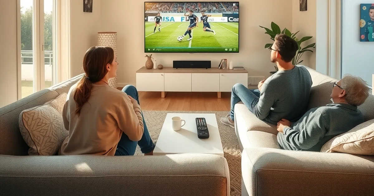 Groupe d'amis regardant un match de Ligue 1 dans un salon lumineux en plein après-midi