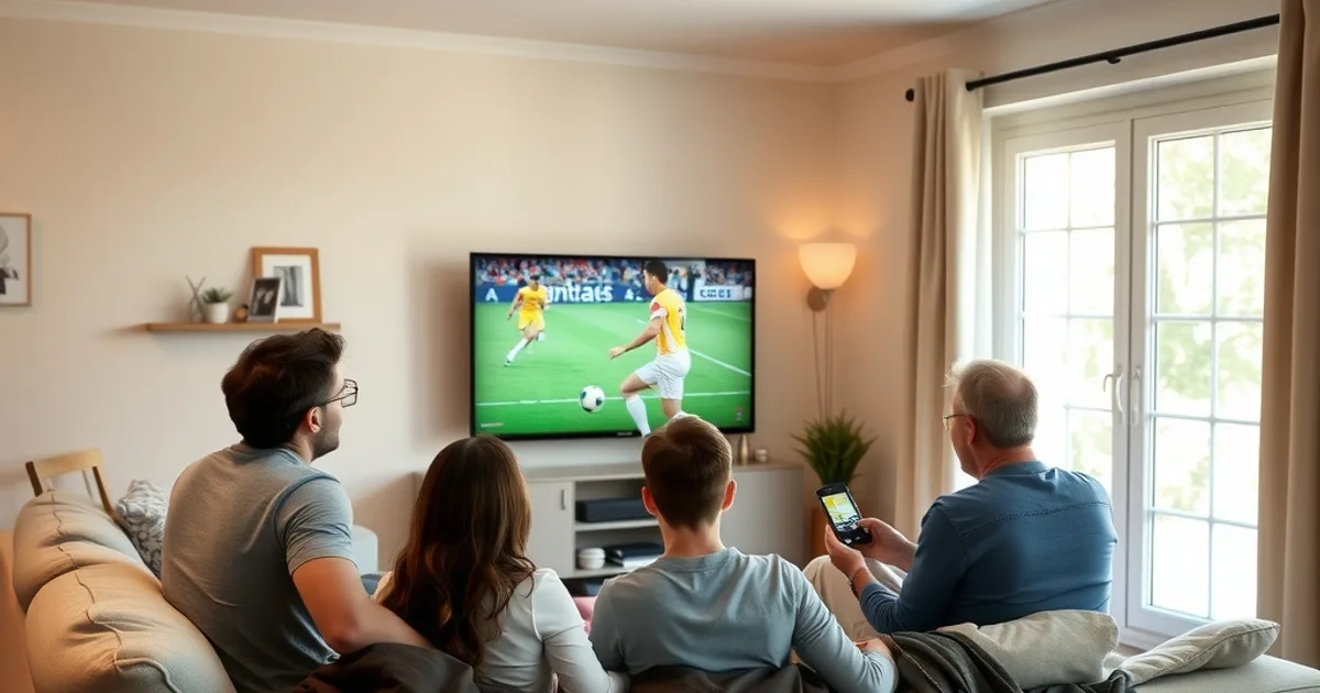 Famille regardant un match de Ligue 1 dans un salon lumineux, sur la télévision et sur un smartphone