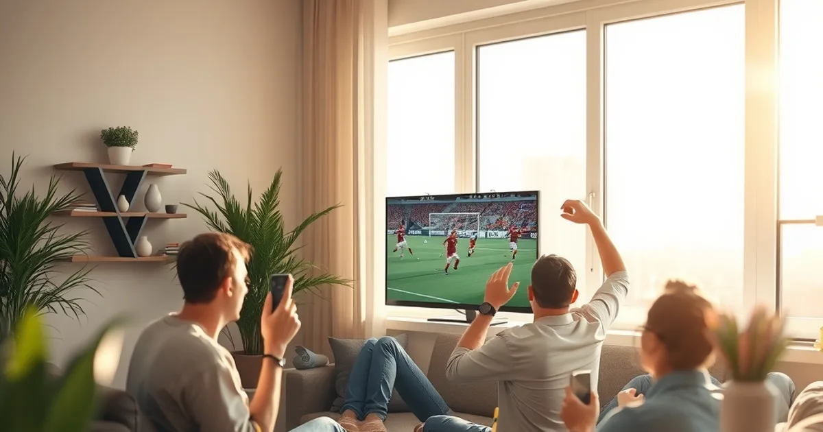 Un groupe d'amis regarde un match de football en direct dans un salon lumineux, un après-midi de week-end.