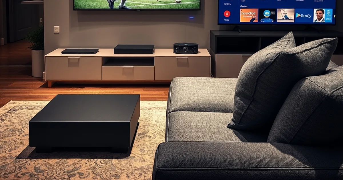 Salon moderne et chaleureux en soirée, lumière tamisée : à gauche un boîtier Android TV posé sous un téléviseur diffusant un match de football en direct via l’application IPTV Smarters, à droite une Smart TV récente affichant le menu principal de l’application avec ses vignettes de chaînes et de films, canapé gris au premier plan