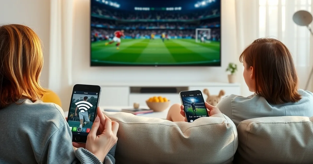 Famille regardant un match de Ligue 1 dans un salon lumineux, ambiance chaleureuse en fin d'après-midi
