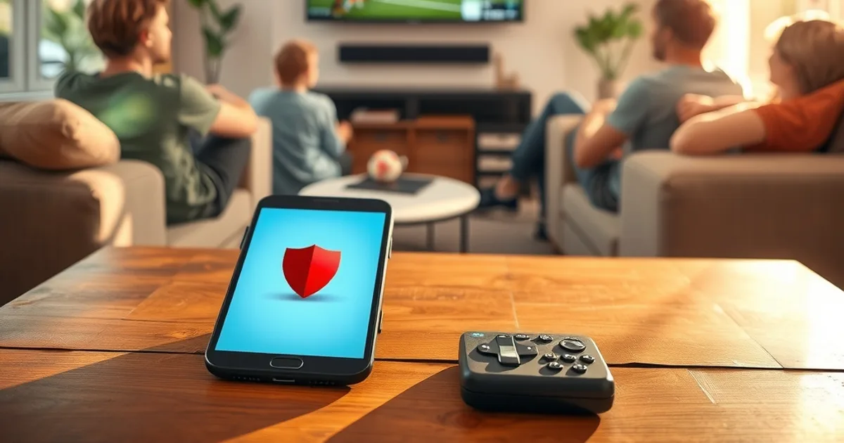 Un groupe d'amis regarde un match de Ligue des Champions dans un salon lumineux en pleine journée, avec un smartphone affichant une icône de bouclier posé sur la table basse.