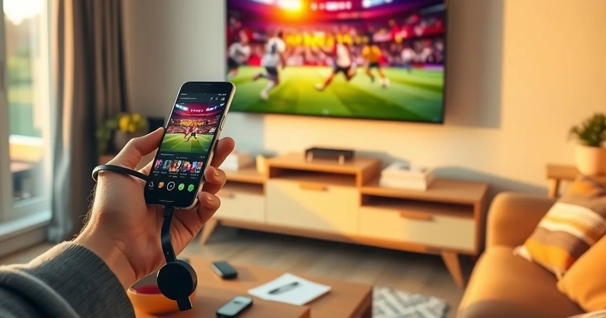 Une personne caste un match de football en direct depuis son téléphone vers une télévision équipée d'un Chromecast dans un salon lumineux.