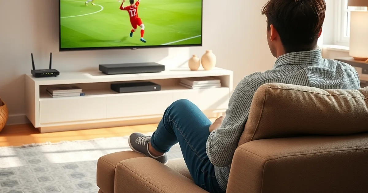 Personne installée dans un salon lumineux devant un téléviseur 4K diffusant un match de football en direct, câble Ethernet visible vers le routeur