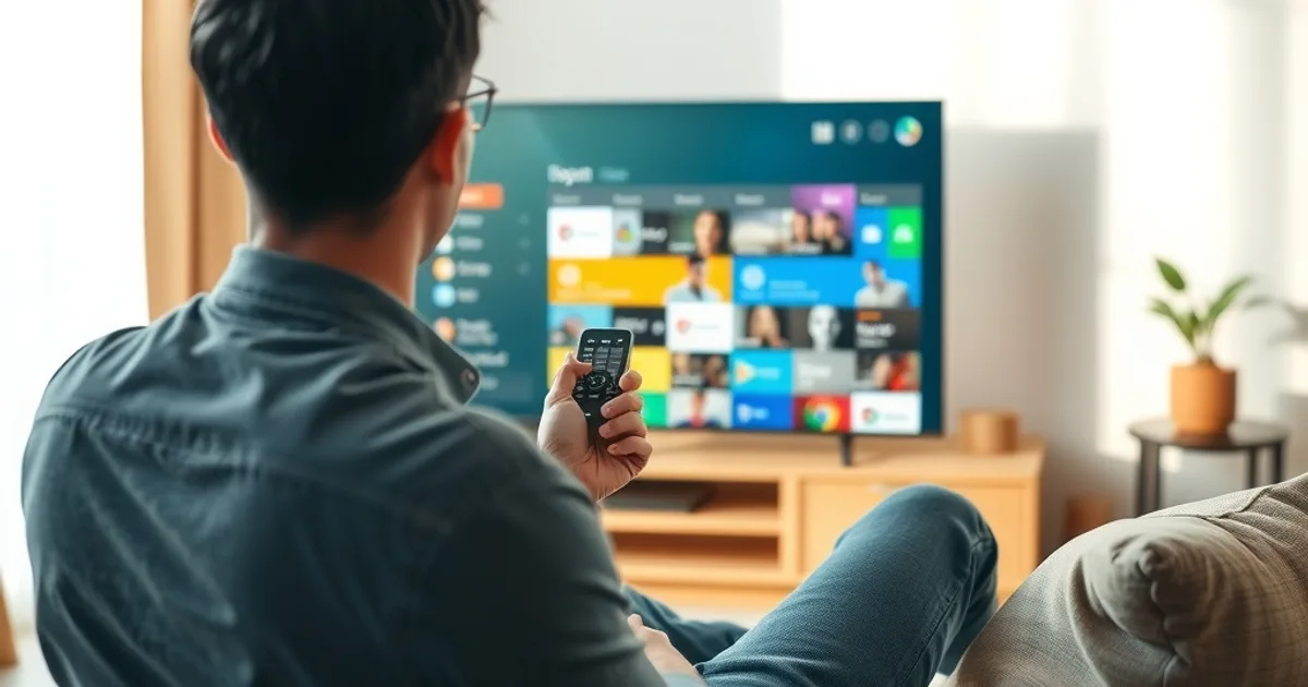 Personne installée dans un salon lumineux, télécommande en main, consultant le guide des programmes affiché sur sa télévision