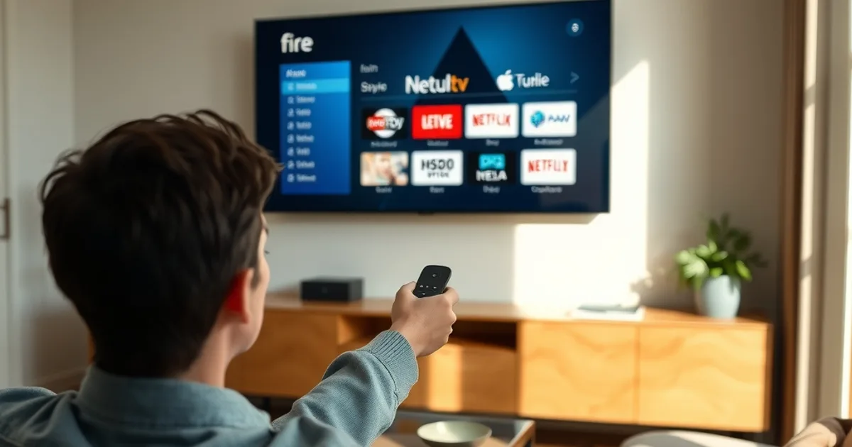 Une personne installe une application sur son téléviseur avec une télécommande Fire TV Stick, dans un salon lumineux en pleine journée.
