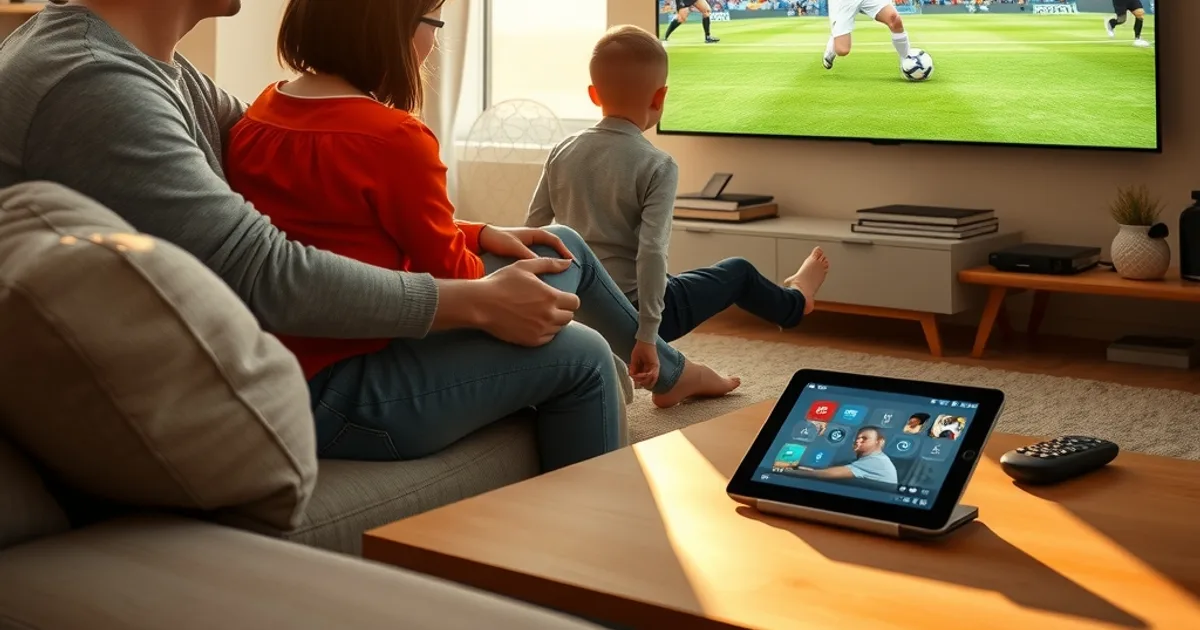 Une famille regarde un match de football en direct dans un salon lumineux, avec une tablette affichant un guide de chaînes sur la table basse