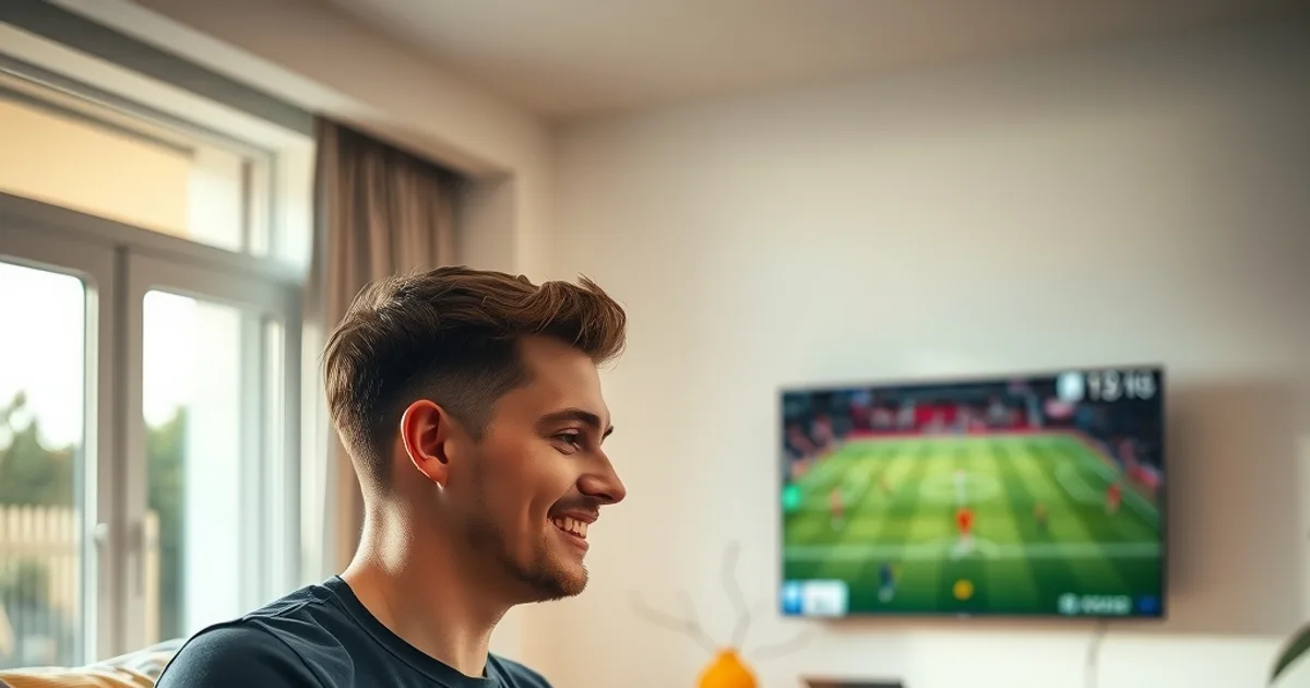Un homme teste une application IPTV sur son téléphone dans un salon lumineux, avec un match de football affiché sur la télévision en arrière-plan