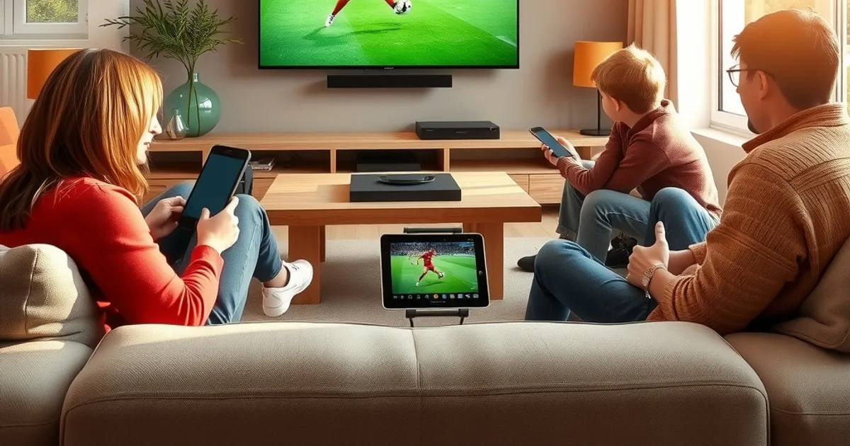 Famille dans un salon lumineux regardant un match de football sur une Smart TV, avec une tablette et un smartphone sur la table basse