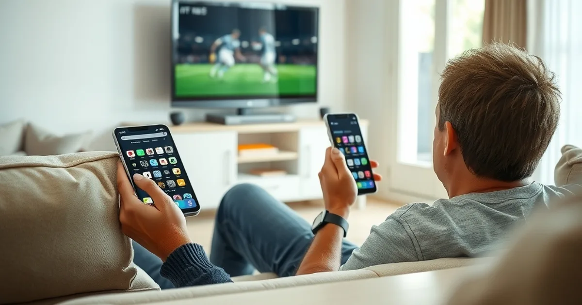 Une personne compare deux applications sur des écrans dans un salon lumineux, avec un match de football affiché en arrière-plan sur la télévision