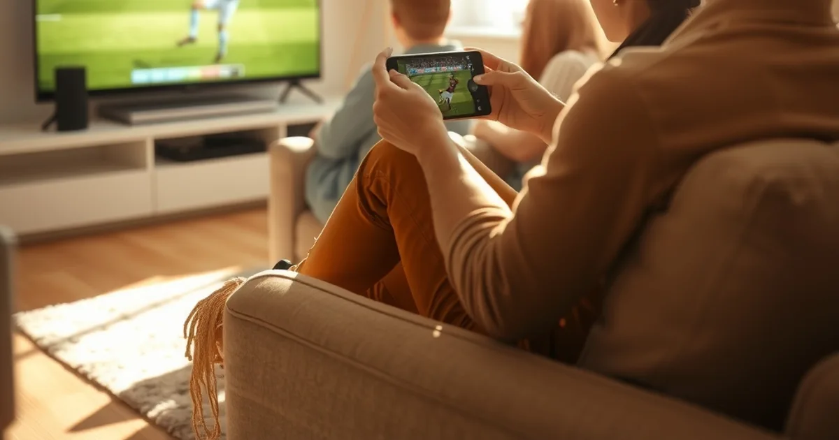 Famille regardant un match de football en direct sur une grande TV dans un salon lumineux, avec un smartphone en second écran