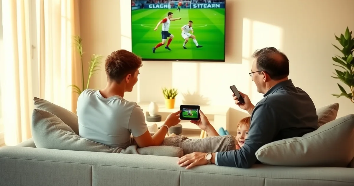 Un couple regarde un match de Ligue 1 dans un salon lumineux, l'un d'eux tenant une tablette à côté de la télévision