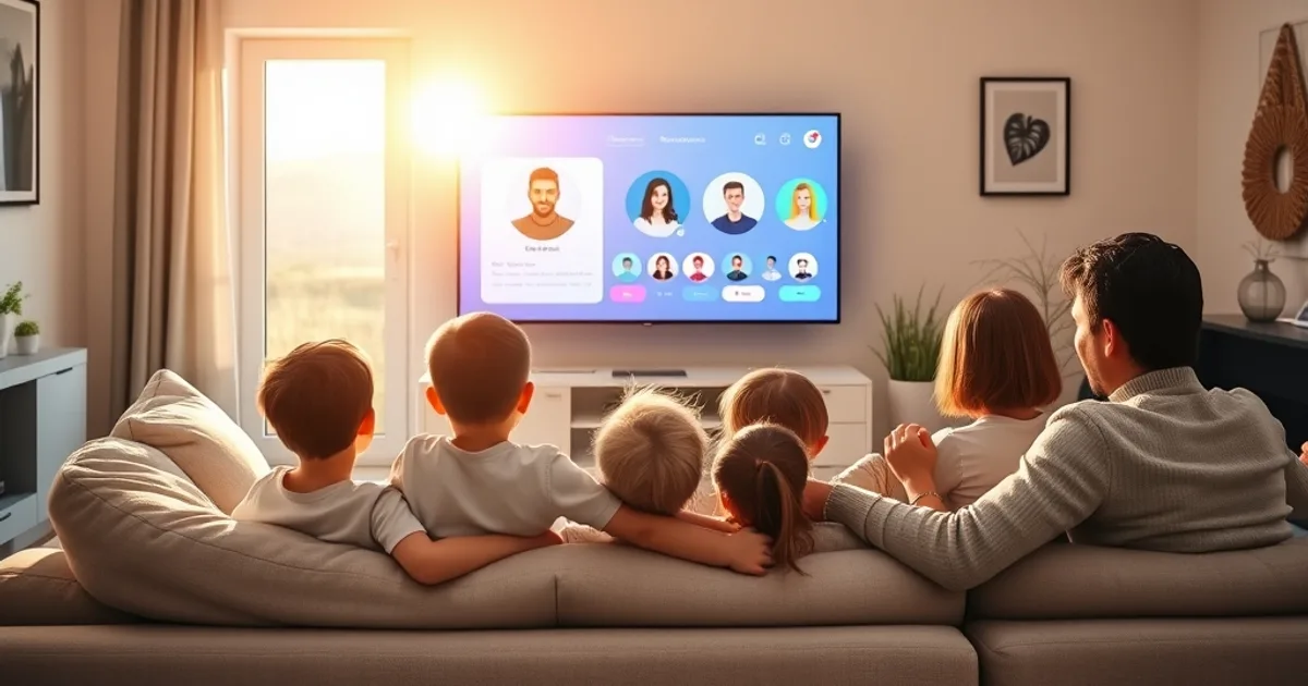 Une famille installée dans son salon lumineux, face à la télévision affichant un écran de sélection de profils.