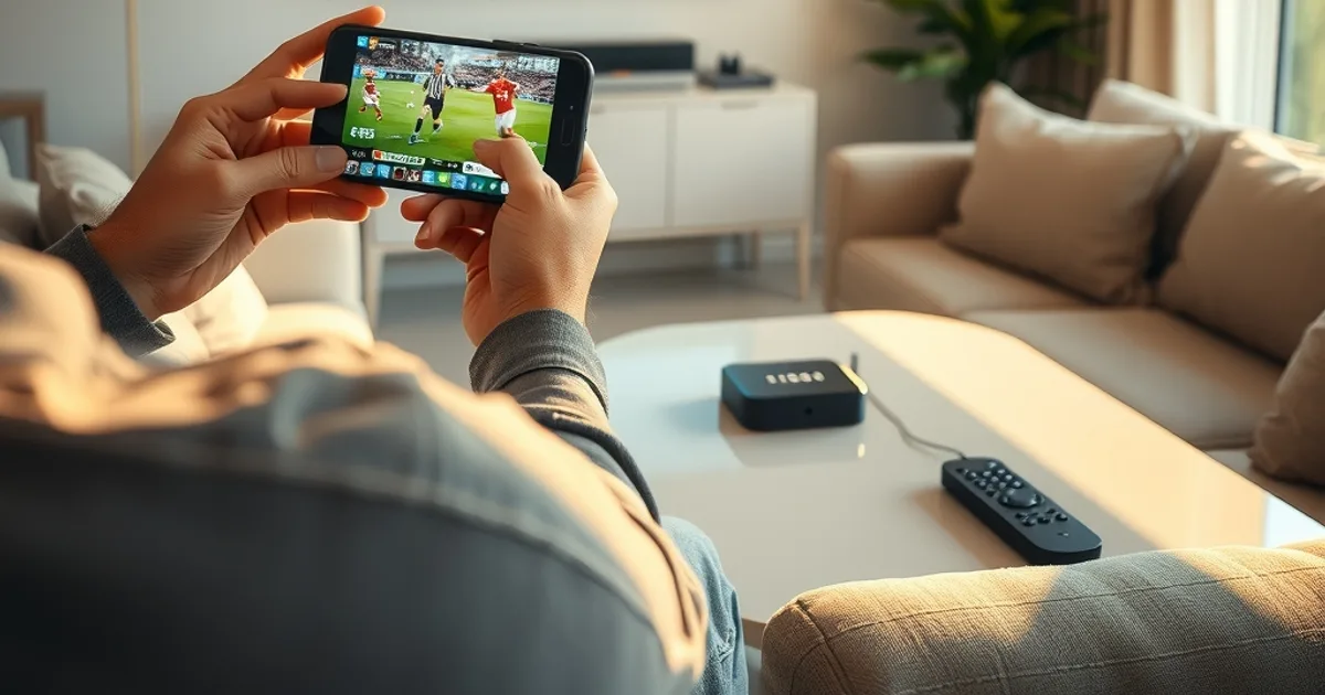 Une personne diffuse un match de football depuis son téléphone vers le téléviseur du salon, en pleine lumière naturelle