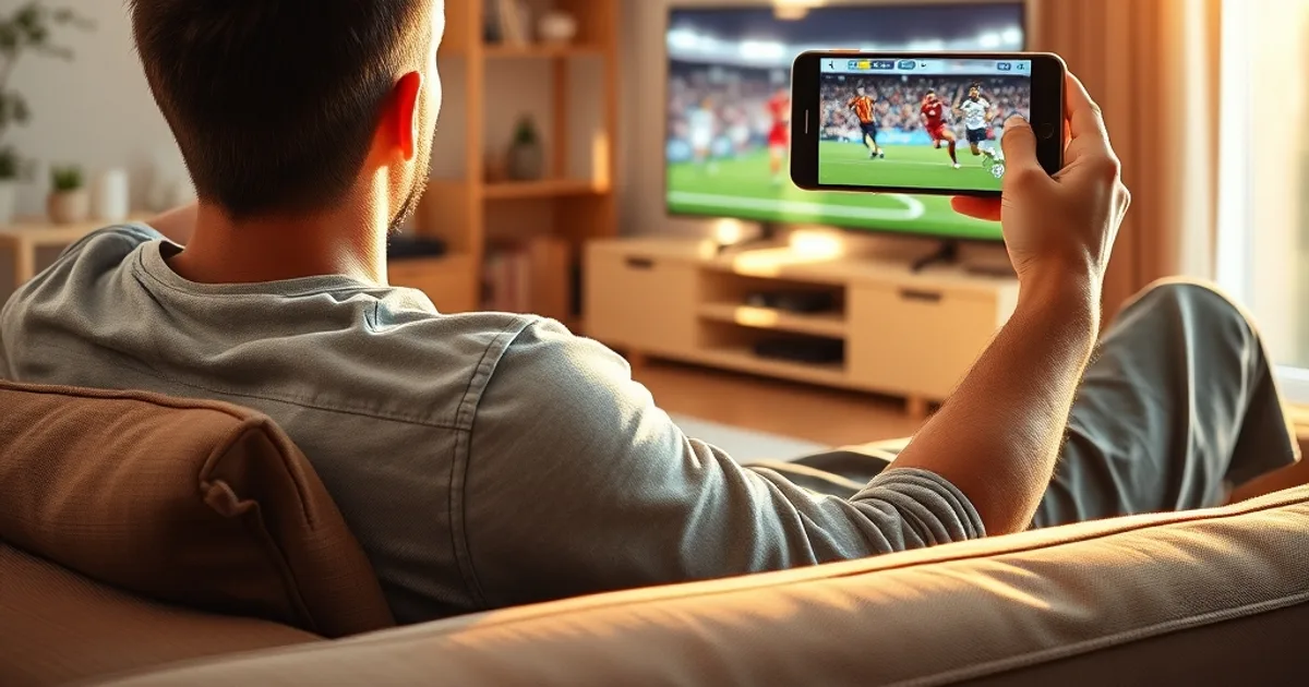 Un homme installé confortablement sur son canapé regarde un match de football en direct sur son smartphone, avec la télévision du salon en arrière-plan, dans une pièce lumineuse.