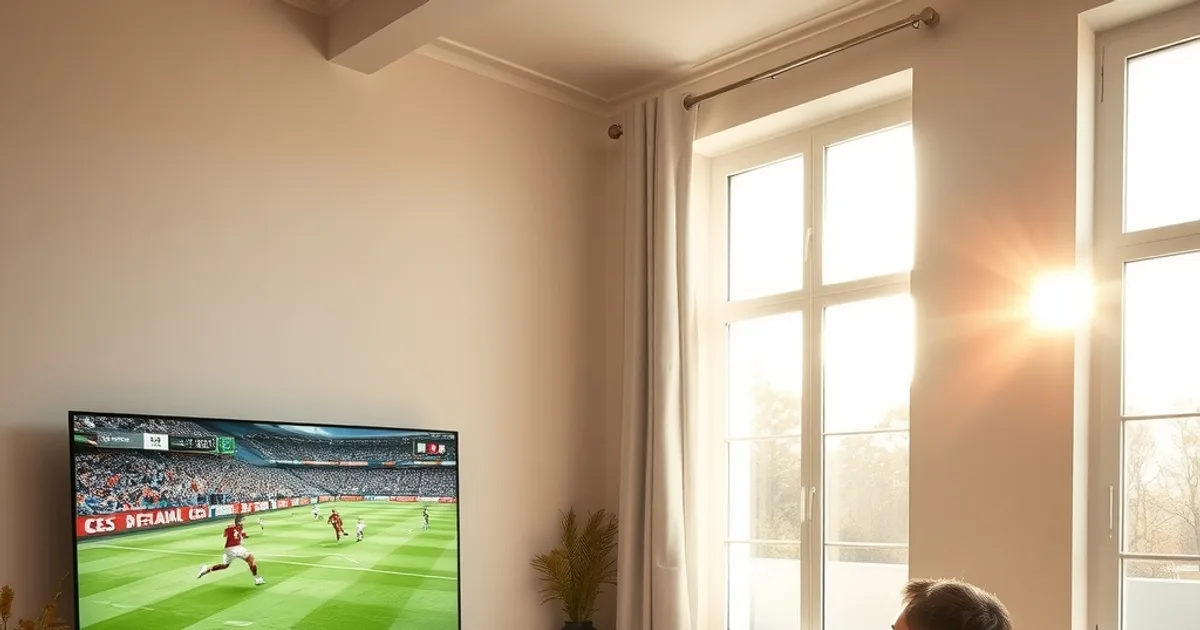 Une personne regarde un match de Ligue 1 confortablement installée dans un salon lumineux, avec une tablette affichant le même match sur la table basse
