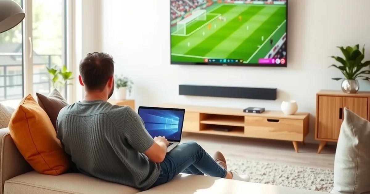 Une personne installée sur un canapé suit un match de football sur un grand écran connecté à son PC portable, dans un salon lumineux en pleine journée