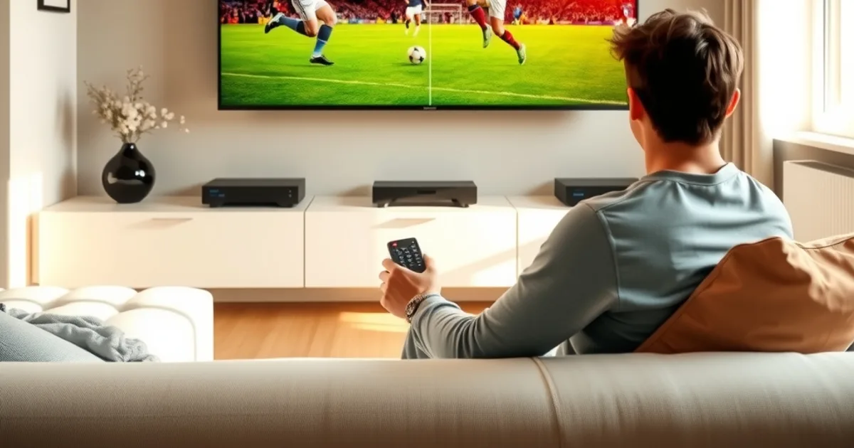Un supporter installé dans son salon lumineux, télécommande à la main, regarde deux matchs de Ligue 1 côte à côte sur son téléviseur grâce à la fonction multi-view.
