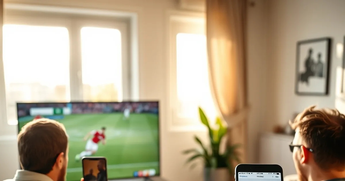 Groupe d'amis dans un salon lumineux regardant un match de Ligue 1 à la télévision, l'un vérifiant la vitesse de connexion sur son téléphone