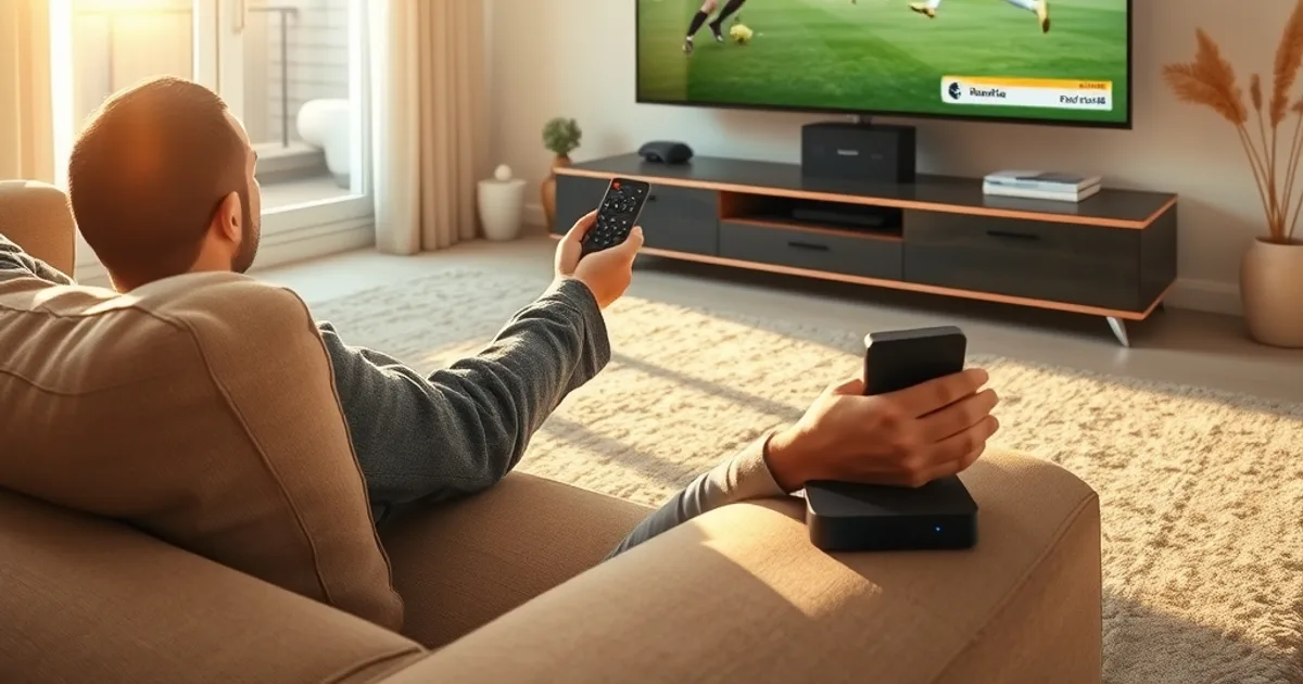 Personne installée dans son salon lumineux, en train de regarder un match de football en streaming avec une télécommande à la main