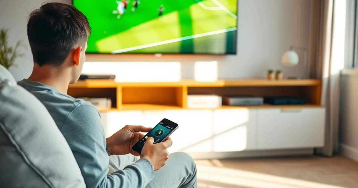 Une personne compare son boîtier de streaming et son téléphone dans un salon lumineux, avec un match de football affiché sur la télévision en arrière-plan