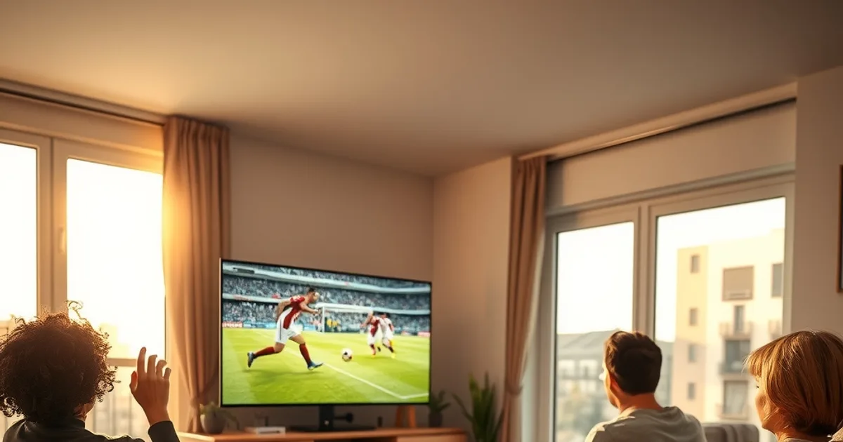 Famille installée dans un salon lumineux en train de regarder un match de football en direct sur une grande télévision, avec une tablette affichant une application de streaming posée sur la table basse