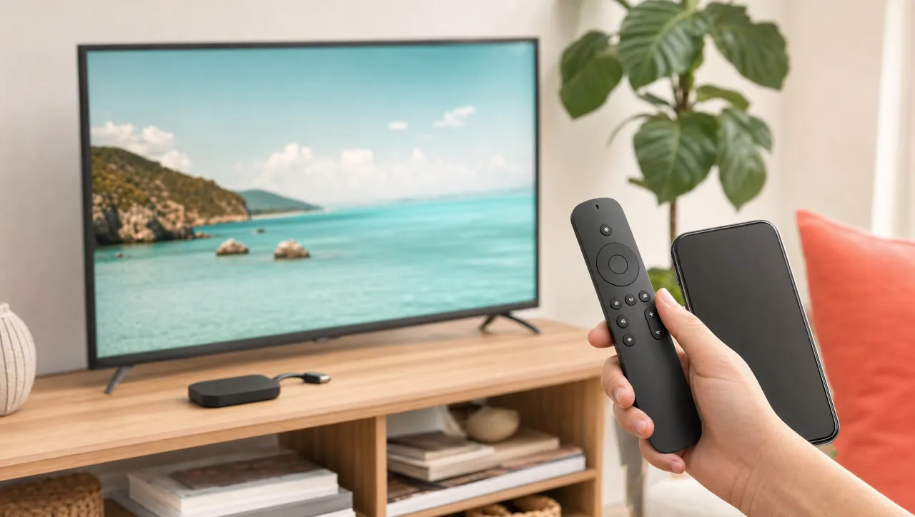 Télécommande devant un téléviseur, illustrant l’installation simple d’IPTV Smarters sur Smart TV et Firestick