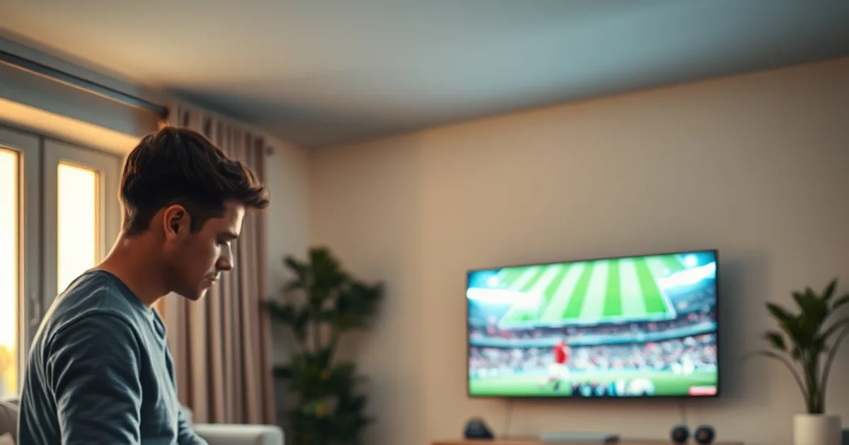 Une personne règle les paramètres de son routeur sur son téléphone dans un salon lumineux, avec un match de football qui s'affiche sur la télévision en arrière-plan.