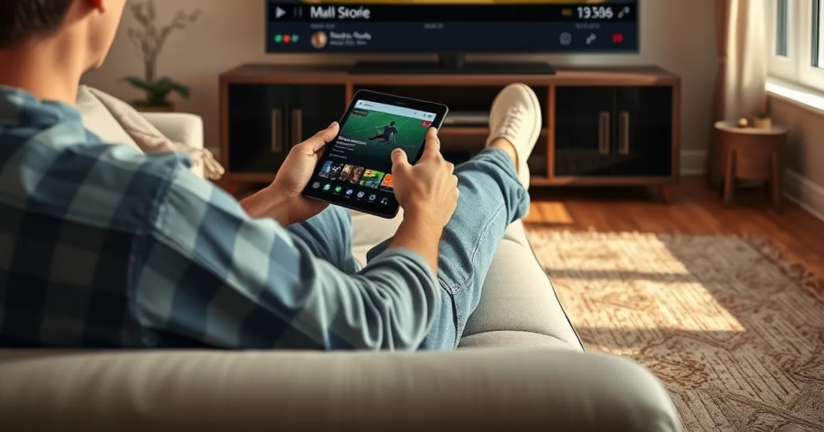 Une personne vérifie son application de streaming sur une tablette, salon lumineux, match de football en arrière-plan sur la télévision