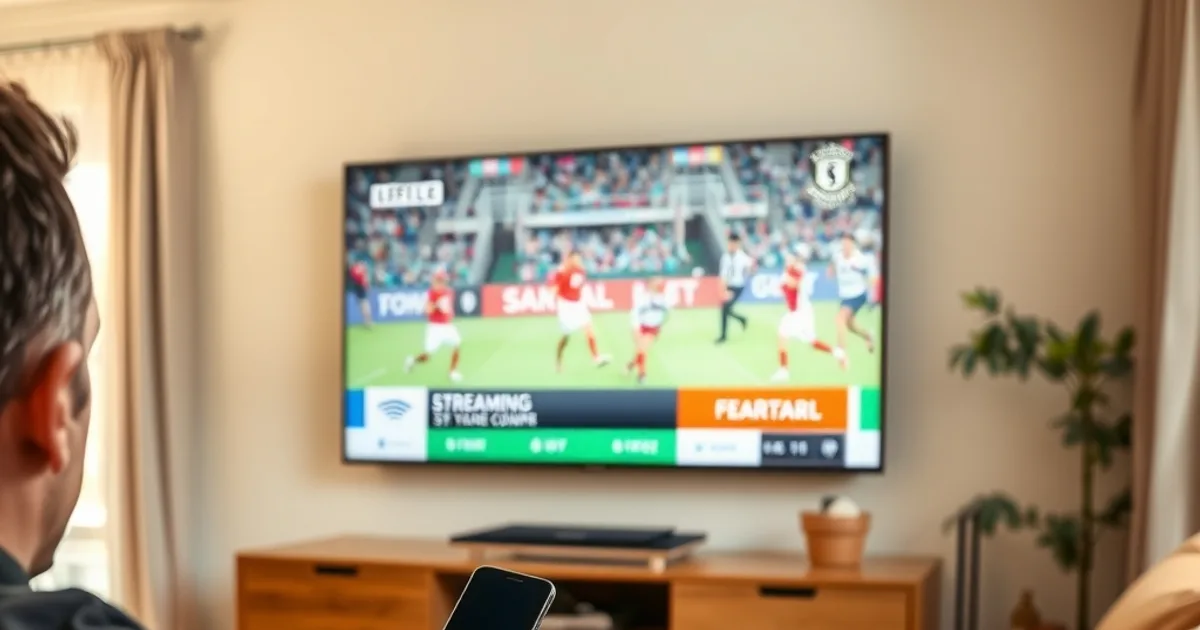 Une personne vérifie sa configuration de streaming sur une télévision et un smartphone dans un salon lumineux avant un match.