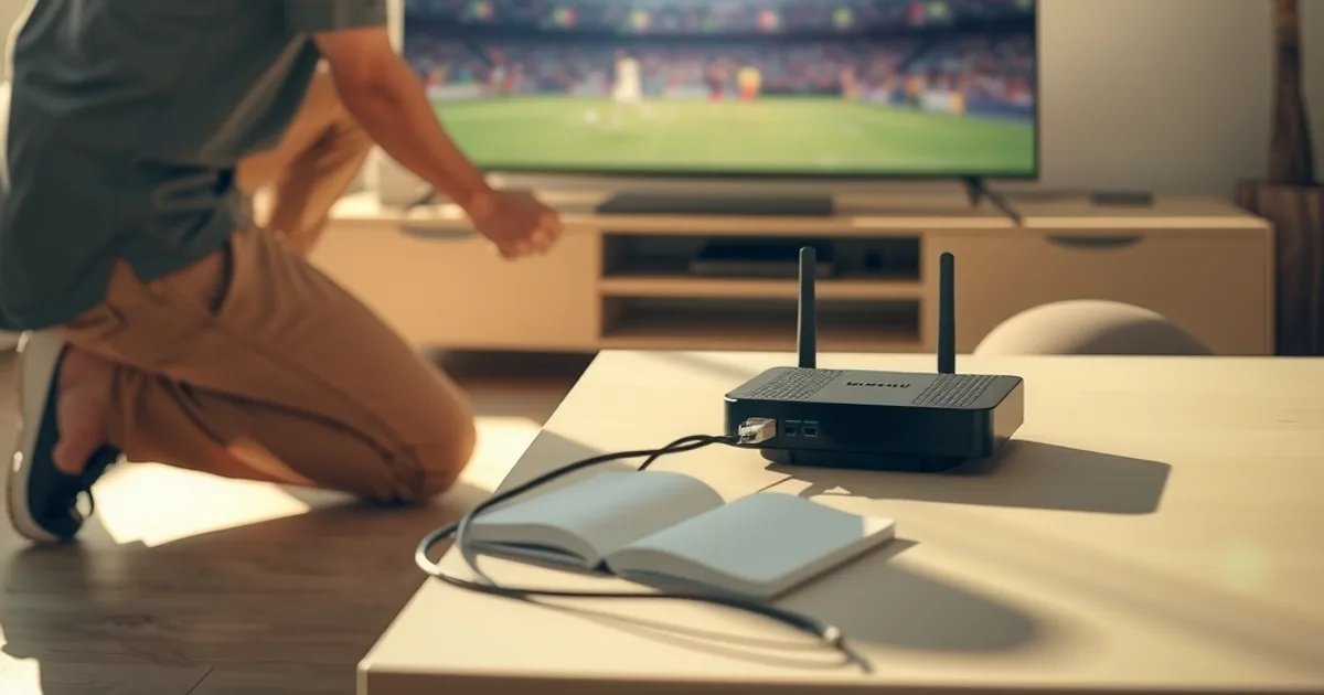 Un homme branche un câble Ethernet derrière sa télévision dans un salon lumineux, pour préparer le direct du match.