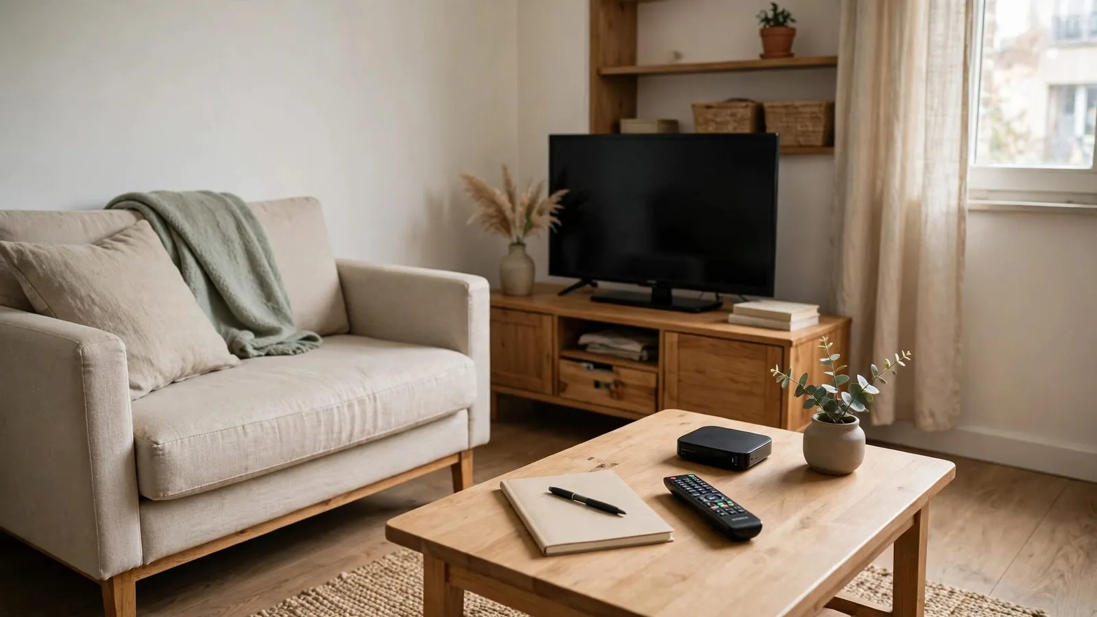 Intérieur d'un petit appartement avec un canapé placé face à un téléviseur éteint.